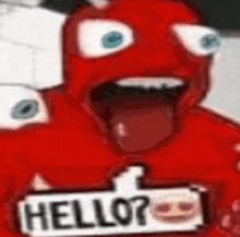 a cartoon character is holding a sign that says `` hello '' .