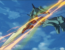 a robot is flying through the air with a large sword