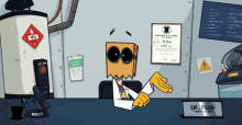 a cartoon character named dr. plug sits at a desk in front of a sign that says dr. plug