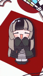 a cartoon drawing of a girl with long hair covering her mouth with her hands