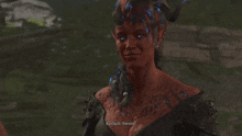 a video game character named karlach swoon is smiling and talking to someone