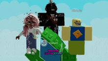 a girl with pink hair is standing next to a man and a troll face in a video game