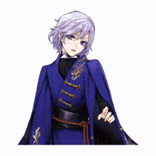 a purple haired anime character in a blue cape is holding a green object .