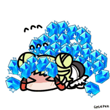 a cartoon drawing of a person laying on a pile of blue ice cubes