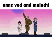 a group of anime characters are dancing together on a stage with the caption anne vod and malachi .