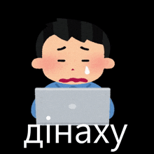 a cartoon of a boy sitting in front of a laptop with the word dinaxy written below him