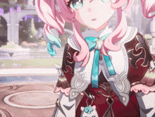 a girl with pink hair is wearing a red and white dress