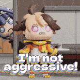 a cartoon character says " i 'm not aggressive " in front of a rainbow background