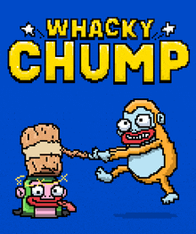 a pixel art drawing of a monkey holding a hammer with the words whacky chump above it