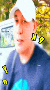 a man wearing a white hat and a blue shirt with the letter y and g flying around him