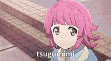 a girl with pink hair is standing on a sidewalk and the word tsugumimi is on the bottom of her face .