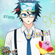 a cartoon of a man with a picture of a pokemon on his head and the words stupid and ojima