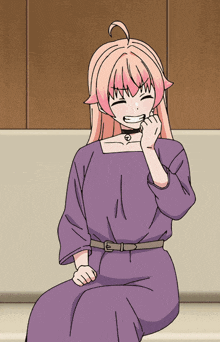 a girl with pink hair and a purple dress is sitting on a couch