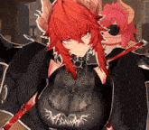 a woman with red hair and horns is wearing a black top with a skull on it
