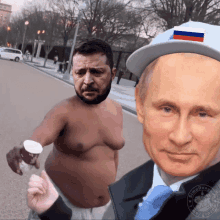 a man without a shirt is standing next to a bald man wearing a hat with a russian flag on it