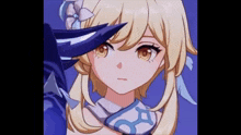 a close up of a girl 's face in a video game with a sword in her hand .
