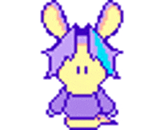 a pixel art drawing of a purple and yellow cartoon character with a blue tongue sticking out .