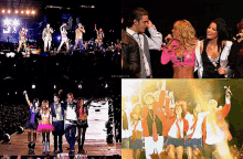 a collage of images shows a group of people singing on stage