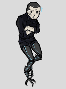 a drawing of a man with arms crossed and a robotic leg that looks like a skeleton