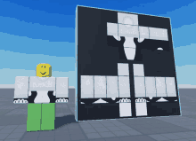 a roblox character with a yellow face is standing next to a large black and white item