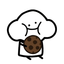 a cartoon character is holding a chocolate cookie in his hand .