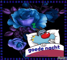 a picture of a cartoon character sleeping with the words goede nacht written on it