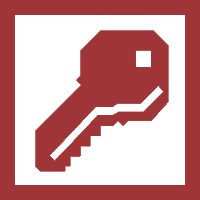 a red and white icon of a key with stairs going up it