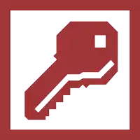 a red and white icon of a key with stairs going up it