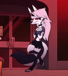 a cartoon of a wolf standing next to a building