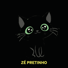 a black cat with green eyes and the word ze pretinho underneath