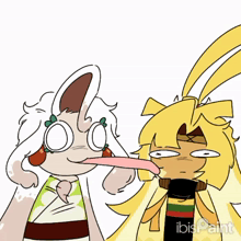 a drawing of a rabbit sticking its tongue out next to a cartoon character