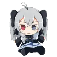a cartoon drawing of a girl with gray hair and red and blue eyes