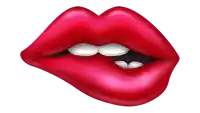a close up of a woman 's red lips with white teeth on a white background