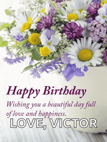 a birthday card for victor with a bouquet of flowers