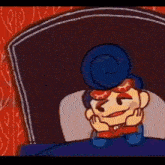 a cartoon of a man with a swirl in his hair laying on a bed