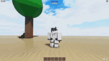 a screenshot of a video game shows a person standing in the sand with their arms outstretched