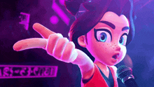 a cartoon character is singing into a microphone and giving the peace sign