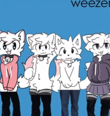 a drawing of a group of furry characters standing next to each other with the word weezer in the upper right corner