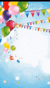 a birthday background with balloons and flags on a blue background .
