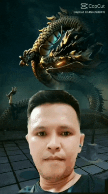 a man is taking a selfie with a dragon in the background and the caption says capcut