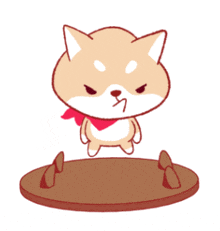 a cartoon dog with a red scarf around its neck is standing on a wooden table