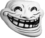 a close up of a troll face with a big smile on a white background .