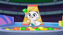 a cartoon cat is holding a green balloon in a pool of fruit balls