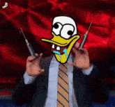 a man in a suit and tie is holding two syringes in front of a red background