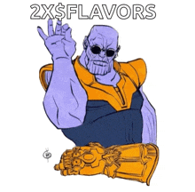 thanos is wearing sunglasses and holding a glove and giving a peace sign .