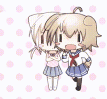 two anime girls are standing next to each other with their arms crossed