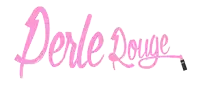 a pink and white logo for perle rouge with red hearts around it