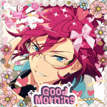 a picture of a girl with pink hair and a bow on her head says good morning