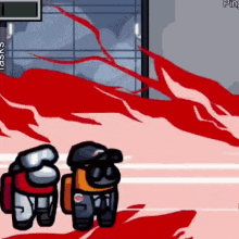 two among us characters are standing next to each other in front of a building with red blood coming out of it .
