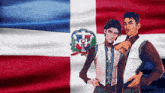 a couple of men standing in front of a flag with the letter j on it
